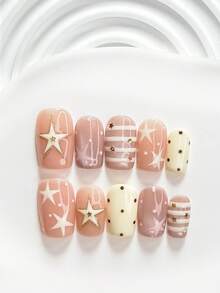 10pcs/Set Cute Handmade Press-On Nails, Polygel Nail Art Set, Star & Polka Dot Design, Yellow & Pink Sweet Style, Includes Nail Tools, 3 Sizes Available, Square/Short Square/Almond Shape, Suitable For Party, Dancing, Daily Wear (Handmade Details May Vary) - Multicolor - View 14