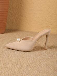 Sexy Fashionable Large Pearl Decor Pointed Toe Stiletto High Heel Mule Women's Apricot Color Pumps - Apricot - View 7