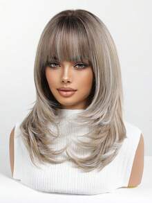 FIVE STARS 16 Inch Gray-Brown Gradient Blonde Layered Shoulder Length Full Bangs Synthetic Fiber Rose Cap, Comfortable Full Head Wear, Suitable For Halloween, Thanksgiving, Christmas, New Year Party, Cosplay, Holiday Costume Accessory - Multicolor - View 10