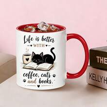 Life Is Better With Coffee, Cats And Books Coffee Mug, Black Cat Reading Books Pattern Ceramic Cup, Creative Birthday Holiday Gift For Cat Lovers, Book Enthusiasts, Bookworms - Multicolor - View 15
