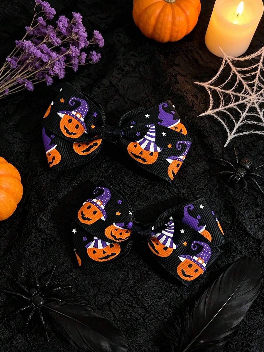 Halloween Pumpkin Print Bow Hair Clips, Witch Hat Pattern Ribbon Hair Barrettes, Cosplay Party Hair Accessories For Women - Multicolor - View 1