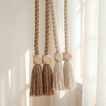 2pcs/Set Wooden Magnetic Curtain Tiebacks, Handmade Rope Curtain Straps, Bohemian Style With Geometric Wooden Beads And Handmade Tassels, Rustic Home Decor Tassel Curtain Tiebacks - Multicolor - View 4