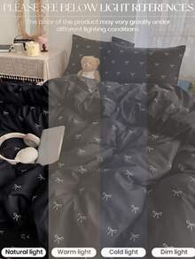 2/3pcs Ins Style Black Small Bow Pattern Duvet Cover Bedding Set, Soft Breathable Wrinkle-Resistant, Double-Sided Dual-Color Duvet Cover*1 Pillowcase*1/2 - Black - View 4