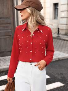 New Arrival Fashion Women's Casual Versatile Beaded Pearl Button Shirt Red - Red - View 4