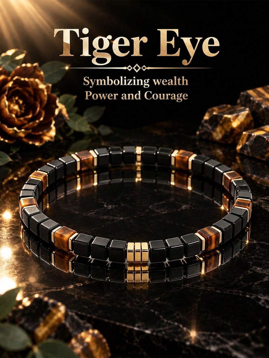 Vintage Style Tiger Eye Black Agate 5mm Square Bead Bracelet, Symbolic Of Wealth, Power And Courage Spiritual Jewelry, Best Gift For Halloween - Multicolor - View 1