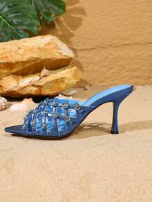 Vintage Hollow Woven Mule Sandals With Rhinestone Metal Flower Pointed Toe Stiletto High Heel Outdoor Women's Slippers - Blue - View 7
