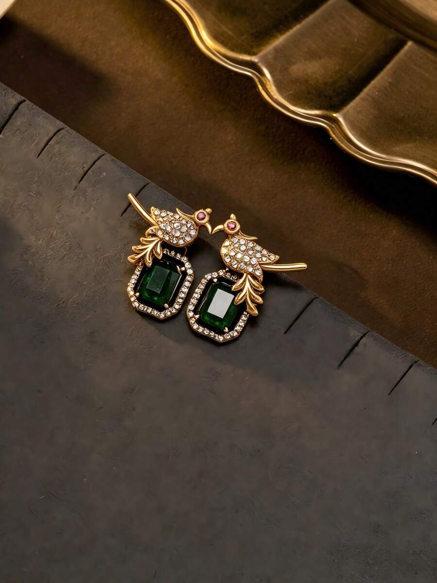 Court-Style Green Gemstone Inlaid Bird-Shaped Full-Paved Design Pendant Necklace Or Earrings, Everyday Party Women's Accessory Gift - Earring - View 1