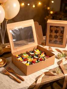 1/12pcs Kraft 12-Cupcake Paper Boxes With Clear View Window & Holder Insert, Foldable Dessert Gift Box For Home Baking, Birthday, Wedding Party - View 1