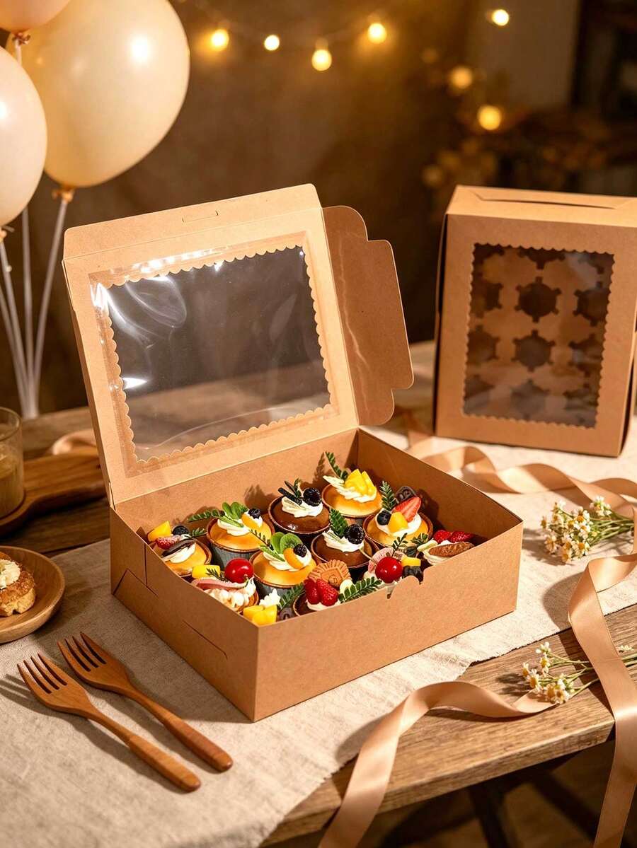 1/12pcs Kraft 12-Cupcake Paper Boxes With Clear View Window & Holder Insert, Foldable Dessert Gift Box For Home Baking, Birthday, Wedding Party - View 1