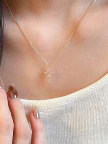 1pc Elegant Cubic Zirconia Cross Pendant Necklace Copper Alloy Suitable For Women Daily Casual Wear - Gold - View 3