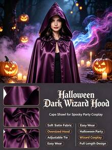 Deep Purple Long Hooded Cape, Halloween Witch Cosplay Cloak - With Oversized Hood Halloween Ghost Cosplay Costume Cape, Perfect For Stage Performance, Cosplay, Christmas Gift, Perfect Gift For Family - Dark Purple - View 2