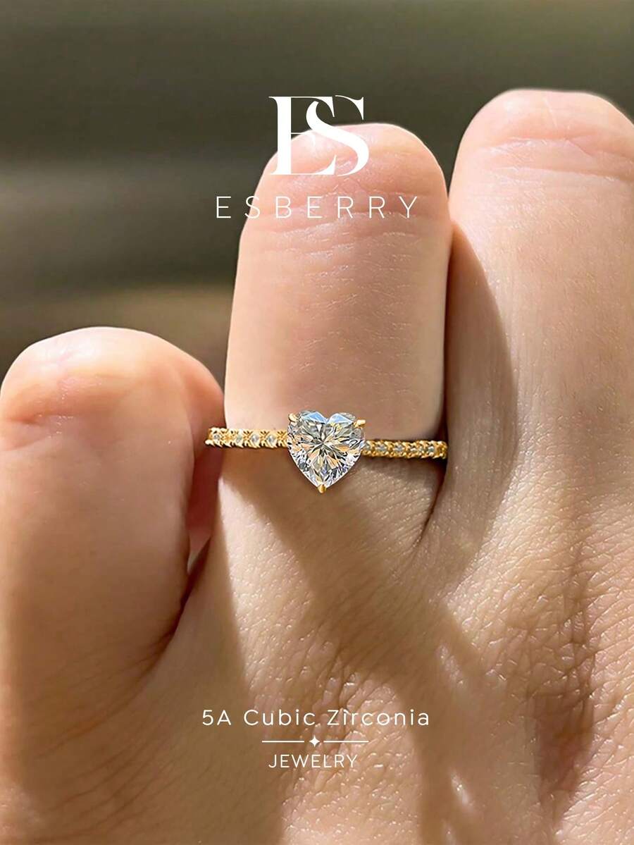 ESBERRY 1pc High Gloss Heart-Shaped Engagement Ring, Women's Promise Ring, Eternity Ring, Exquisite Jewelry Gift For Bride