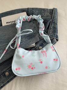 1pc Blue Nylon Fabric Smooth Zipper Floral Print Drawstring Shoulder Strap Fashion Versatile Casual Minimalist Autumn/Winter New Elegant Niche Shoulder Women Bag Suitable For Daily Use - Blue - View 7