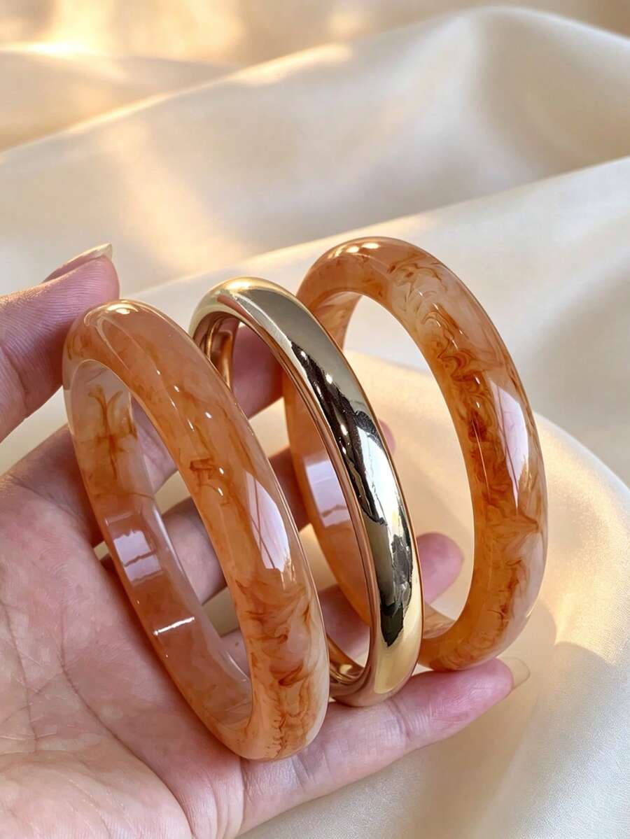 3pcs/Set Fashionable Retro Thick Multicolor Asymmetrical Acrylic Bangle Bracelet Set, Suitable For Women, Daily Wear, Gift For Friends And Family - Multicolor - View 1