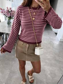 Women's Striped Crew Neck Short Knit Sweater, Vintage Style Top, Suitable For Daily Outings And Coffee Dates - Red - View 4