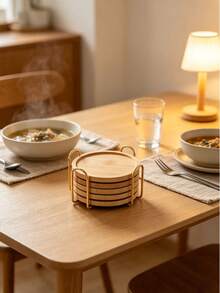 Bamboo Round Coaster Set With V-Shaped Gold Iron Storage Rack, 4-Piece And 6-Piece Organizer Set, Coaster Holder Also Functions As Cup Holder, Heat-Resistant Anti-Scald Water Cup Coaster, Natural Bamboo Tea Cup Coaster, Desktop Protection Pad, Home Coffee Cup Coaster, Minimalist Home Dining Table Coffee Table Decor, Easy Storage Non-Slip Coaster Home Gift. - Gold - View 6