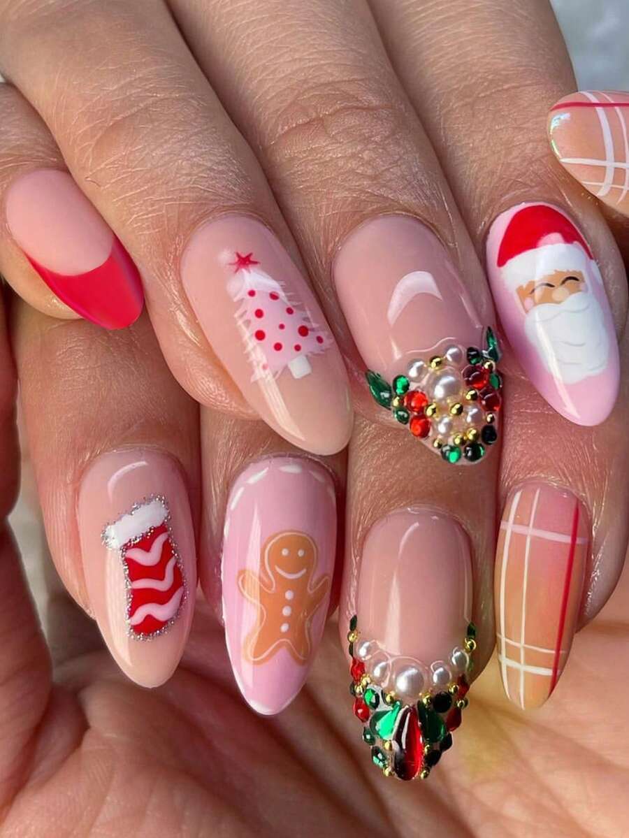 Christmas Tree Medium Almond Press-On Nails, 24Pcs Medium Almond Press-On Nails, Y2K Santa And Stocking Fake Nail Set With 3D Rhinestone Designs, Perfect For Women To Wear At Christmas And As Holiday Gifts - Multicolor - View 1