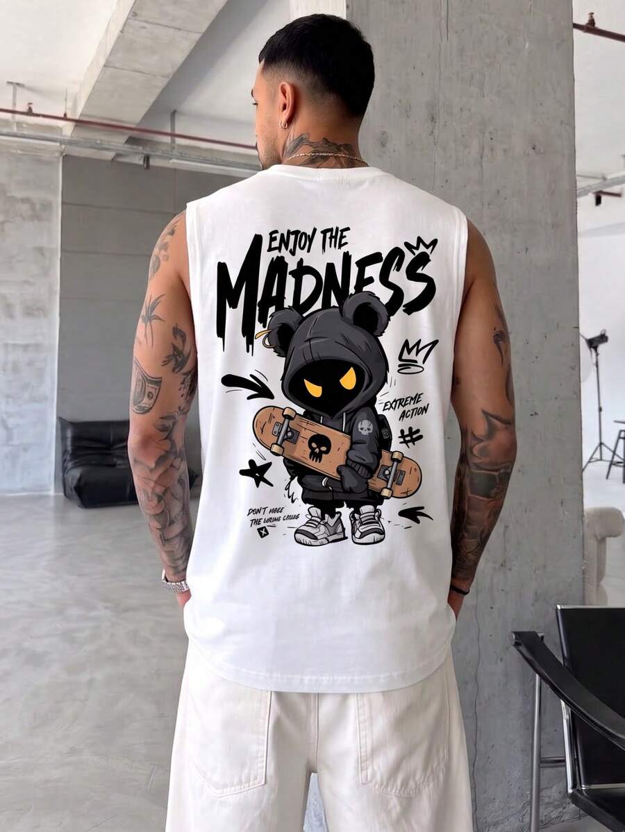 Edgy Bear & Skateboard Graphic Crew Neck Sleeveless Casual Top, Suitable For Urban Fashion And Skateboard Culture (Machine Washable) - White - View 1