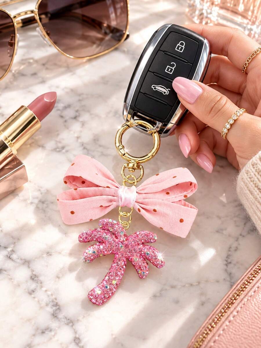 Sparkling Rhinestone Inlaid Coconut Tree Keychain, Paired With Vintage Polka Dot Bow,Pendant, Valentine's Day, Back To School, Ramadan, Birthday Gift - Multicolor - View 1