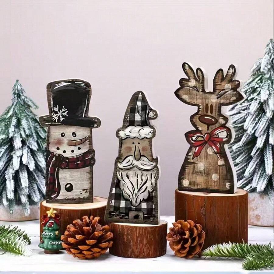 Wooden Christmas Table Centerpiece, Snowman Reindeer Santa Claus Desktop Centerpiece, Christmas Holiday Winter Home Office Room Dining Table Decor - A - View 1