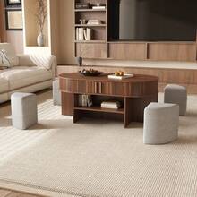 Oval Coffee Table With Storage Space And Vertical Slotted Top, Coffee Table Set With Fabric Upholstered Stool, Chipboard And MDF Frame, Metal Handles, Coffee Table With Sliding Doors At The Front. - 1 - View 8