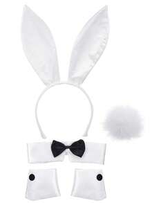 Halloween 5pcs/Set Black/White/Pink/Magenta/Black-Pink Rabbit Ear Headband & Bowknot & Rabbit Tail Decoration Set, Bunny Party Decoration Set, Holiday Party Decoration Set, Photo Decoration Set, Suitable For Halloween, Holiday Party, Bunny Party, Photo Decoration Props - Multicolor - View 5