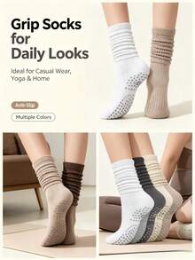 1/3 Pairs Solid Color Thickened Warm Comfortable Women's Over-The-Knee Socks, Slouch Socks, Thermal Terry Cloth Socks, Mid-Calf Socks, Knee-High Socks, Calf Socks, Long Socks, Ruched Over-The-Knee Socks, Indoor Yoga Socks, Solid Color Sports Pilates Floor Socks, Suitable For Autumn/Winter Wear - Multicolor - View 3