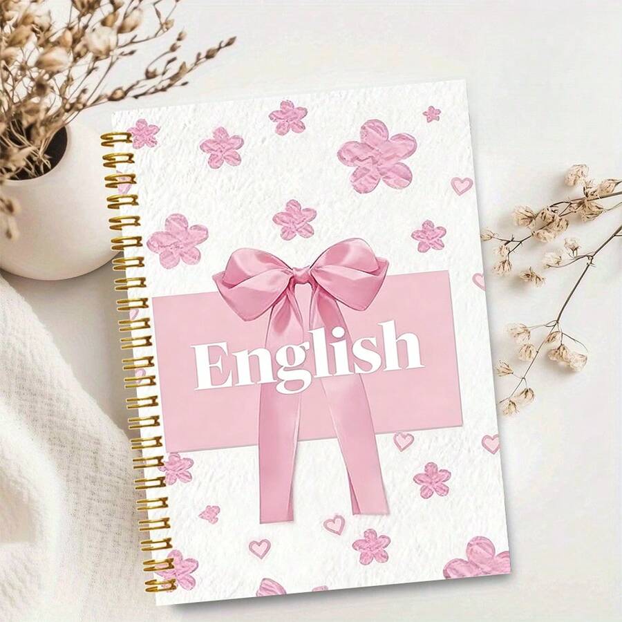 1pc A5 Spiral Bound Notebook, Pink Satin Bow Pattern, Pink Flower And Tiny Heart Pattern Cover English Theme Hardcover Diary, Ruled Pages, For Classroom Notes And Daily Language Learning Etiquette Style Student Notebook - Bow - View 1