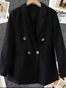 Spring/Summer Women's Solid Color Long Sleeve Double-Breasted Blazer, Notch Lapel | Suitable For Dates, Parties, Outings And Holiday Celebrations - Matte Black - View 3