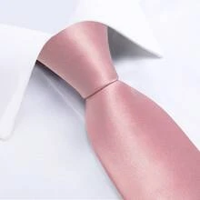 Men's Formal Tie 4-Piece Set, Light Pink Solid Color Pocket Square, Cufflinks, Silver Tie Clip, Banquet Accessories - Pink - View 3