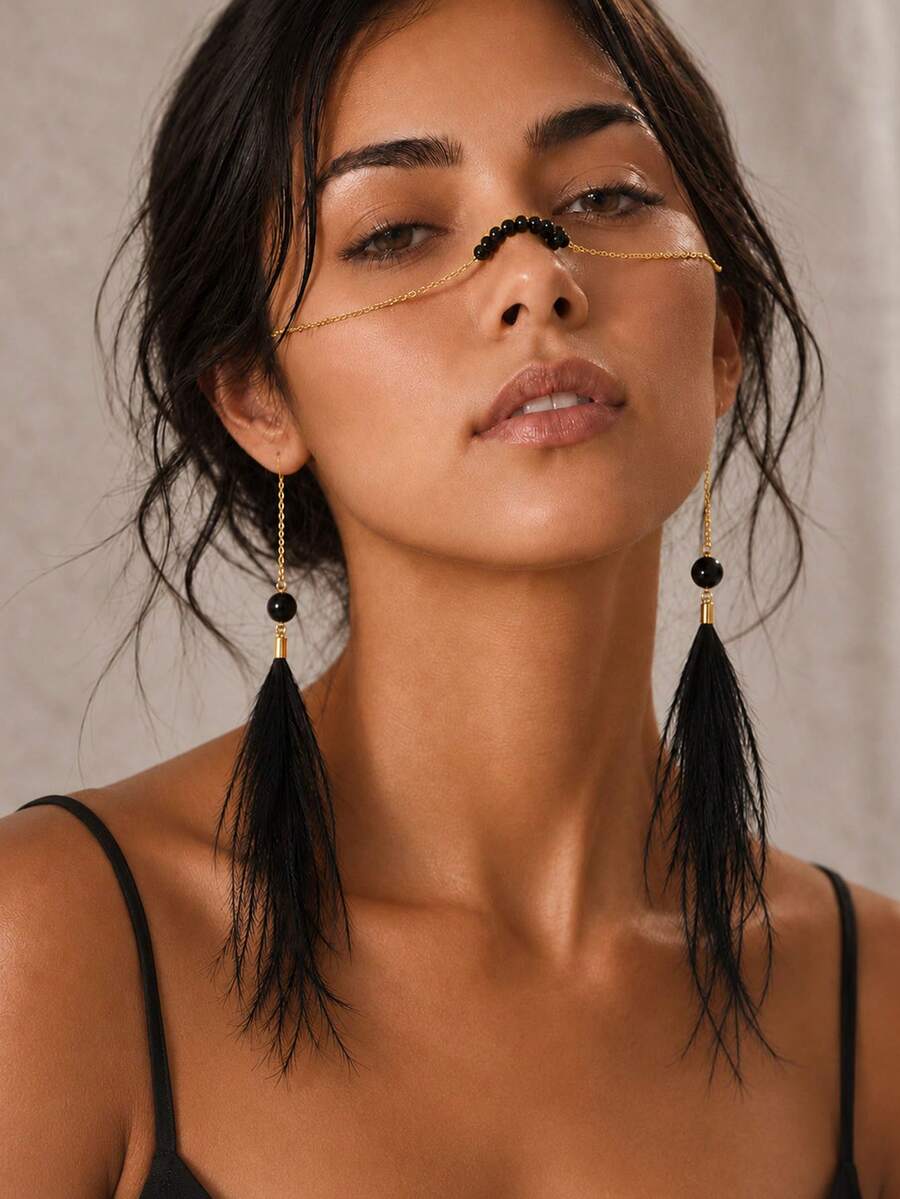 1件新款女款耳掛式臉部鏈條,獨特小眾設計,時尚流蘇臉部裝飾,熱門拍照道具 - 金色 - 查看 1