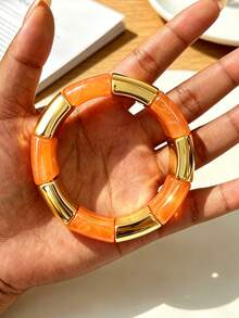 3pcs/1pc Bohemian Style Elegant Minimalist Fashion Women's Round Gold CCB And Orange Acrylic Patchwork Asymmetrical Twisted Open Cuff Bracelet Set, Suitable For Women's Dating, Vacation, Wedding, Party, Gift, Perfect Gift, Daily Wear, Stackable - Multicolor - View 7