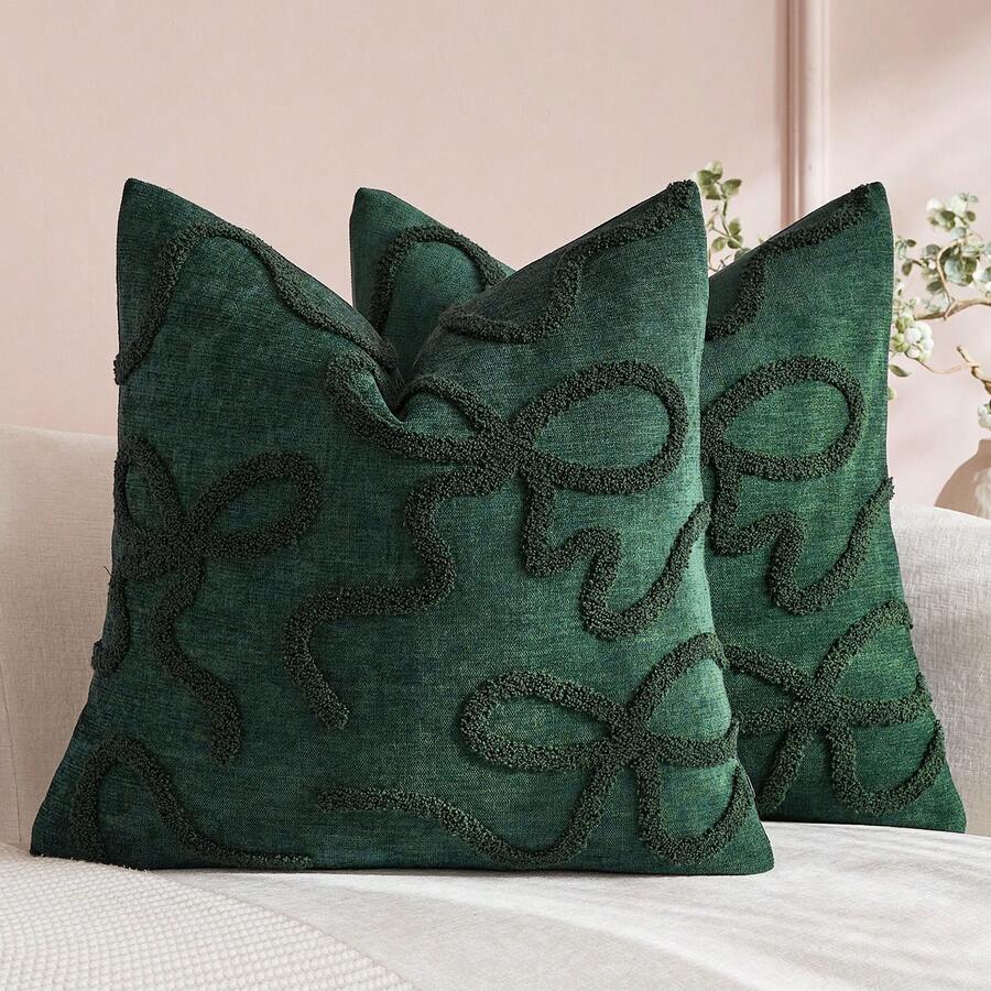 1件裝蝴蝶結刺繡抱枕套,拉鍊式裝飾枕套,美感可愛設計,適用於沙發、床鋪,居家裝飾、房間佈置,野花圖案(不含枕芯) - 墨綠色 - 查看 1