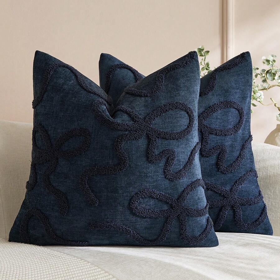 1件裝蝴蝶結刺繡抱枕套,拉鍊式裝飾枕套,美感可愛設計,適用於沙發、床鋪,居家裝飾、房間佈置,野花圖案(不含枕芯) - 藏蓝色 - 查看 1