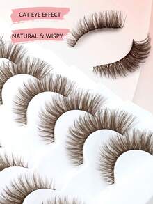 7 Pairs Brown Fox Style 3D Fluffy Eyelashes, Colorful C-Curl Fox Eye Tail, Voluminous Curly Soft Lightweight Faux Mink Fur Stage Christmas Gift Eyelashes - Brown - View 7