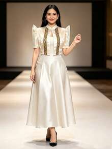 現代菲律賓風上衣 蝴蝶袖 Filipiniana 女款優雅印花泡泡短袖上衣 - 香檳色 - 查看 3