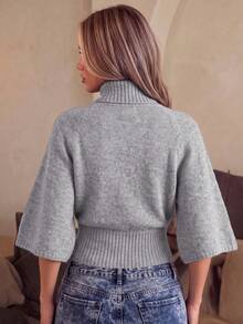 Women's Solid Color Turtleneck 3/4 Sleeve Sweater, Casual Elegant Knit Top, Comfortable For Office Home Daily Wear, Autumn Winter - Grey - View 2