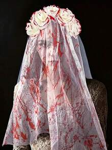 1pc Halloween Ghost Bride Blood-Stained Rose Veil, Dark Style Floral Headpiece, Suitable For Halloween, Gothic, Holiday Party, Ball, Photo Prop - Multicolor - View 3