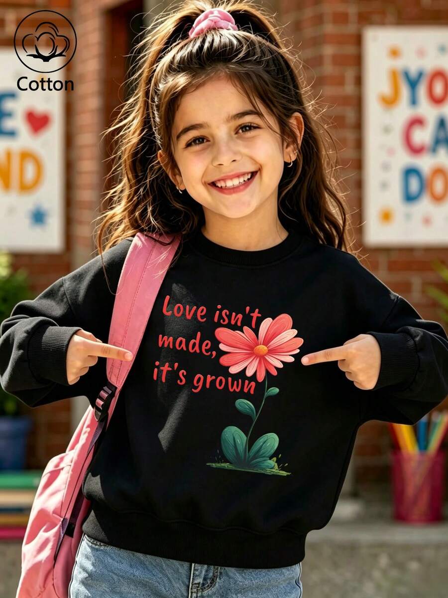 Children's Black Crew Neck Sweatshirt, Casual Sweatshirt With Floral Print - Black - View 1
