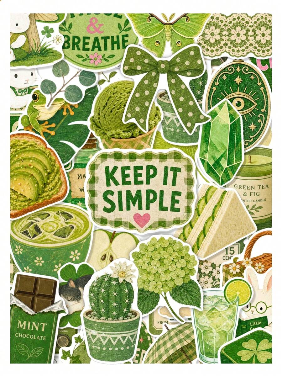 50Pcs Cottagecore Green Aesthetic Stickers Featuring Cactus, Hydrangea, Avocado Toast, Waterproof Vinyl Decals For Journals, Luggage, DIY Crafts, Gift - Multicolor - View 1