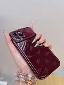 1pc Burgundy Bow Mirror Stand TPU Phone Case Compatible With IPhoneX XR XSMax 11 12 13 13Pro 13ProMax 14ProMax 14ProMax 15 15PRO 15PLUS 15PROMAX IPhone16 16Pro 16Plus 16Promax 17 17Pro 17Promax 17Air 18Pro 18PROMAX - Multicolor - View 6