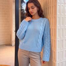 Women's Light Blue Cable Knit Short Pullover Sweater, Long Sleeve Regular Hem Winter Top - Blue - View 5