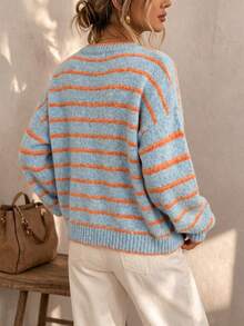 Plus Size Women's Round Neck Single Breasted Contrast Color Striped Lantern Sleeve Knit Cardigan, Loose Casual Versatile Autumn/Winter Retro Street Commute Style - Multicolor - View 4