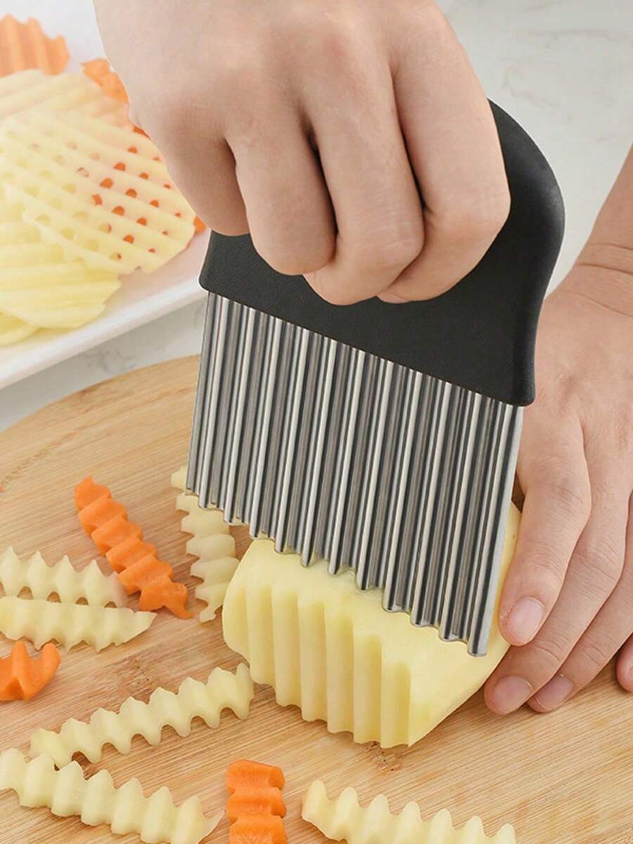 1pc Stainless Steel Wavy Potato Knife, Wave Shape Blade Kitchen Gadget Vegetable Cutter (Random Color & Style) - Black - View 1