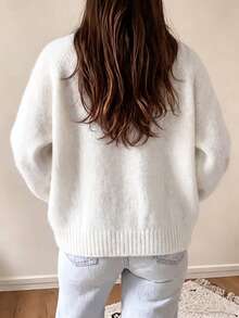 Women's Plus Size Cream Round Neck Ribbed Drop Shoulder Long Sleeve Knit Sweater, Comfortable Casual Y2K Fashion Style, Suitable For Halloween, Christmas, New Year, Autumn/Winter Season - White - View 2