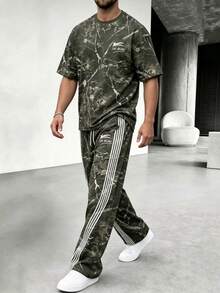 Men's American HE STAR Branch Print Short Sleeve Wide Leg Pants Set - Multicolor - View 3