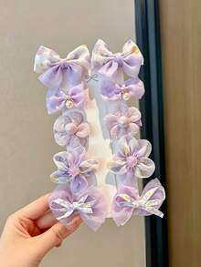 10pcs/Set Sweet Bow & Flower Hair Clips Set, Women's Daily Outfit Decorative Hair Clips, Sweet Bow & Floral Design, Create Romantic Hairstyle - Multicolor - View 3