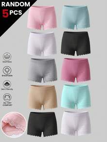 5pcs Random Color Girls Mid-Waist Seamless Panties, Heart-Shaped Lace Trim Comfortable Boyshorts, Back To School - Multicolor - View 1