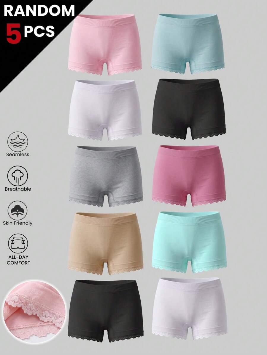 5pcs Random Color Girls Mid-Waist Seamless Panties, Heart-Shaped Lace Trim Comfortable Boyshorts, Back To School - Multicolor - View 1