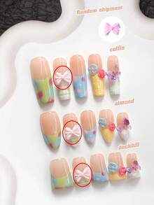 秋季 10 件組糖果風手工穿戴甲 Polygel 穿戴甲套組，鈕扣設計，黃色與藍色指甲油，俏皮風格，3 種尺寸可選，杏仁甲、鴨嘴甲、棺材甲，適合派對、舞蹈、日常穿戴，蝴蝶結隨機發貨（手工細節可能有所不同） - 彩色 - 查看 5